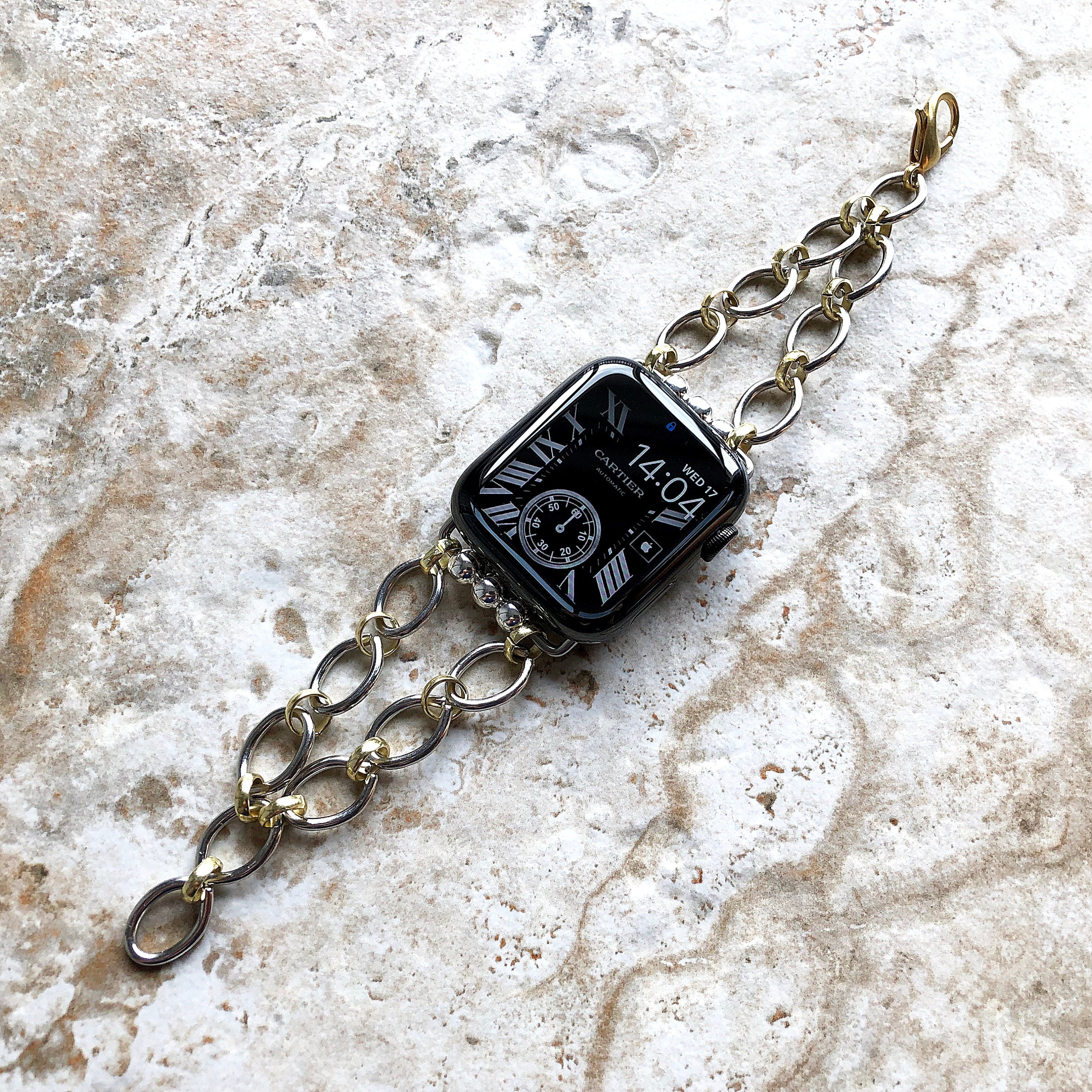 Apple Watch Ultra 2 and 9 8 Series Bracelet for iWatch 41mm 45mm 49mm Case Handmade Ellipses and Circles Gold and Silver Color Band Strap